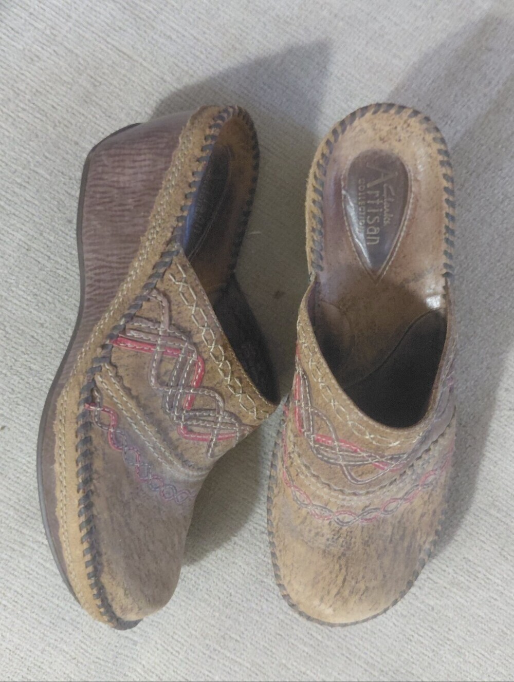Clarks Artitian Brown Embroidered Leather Slip-On Clogs Size 8 M